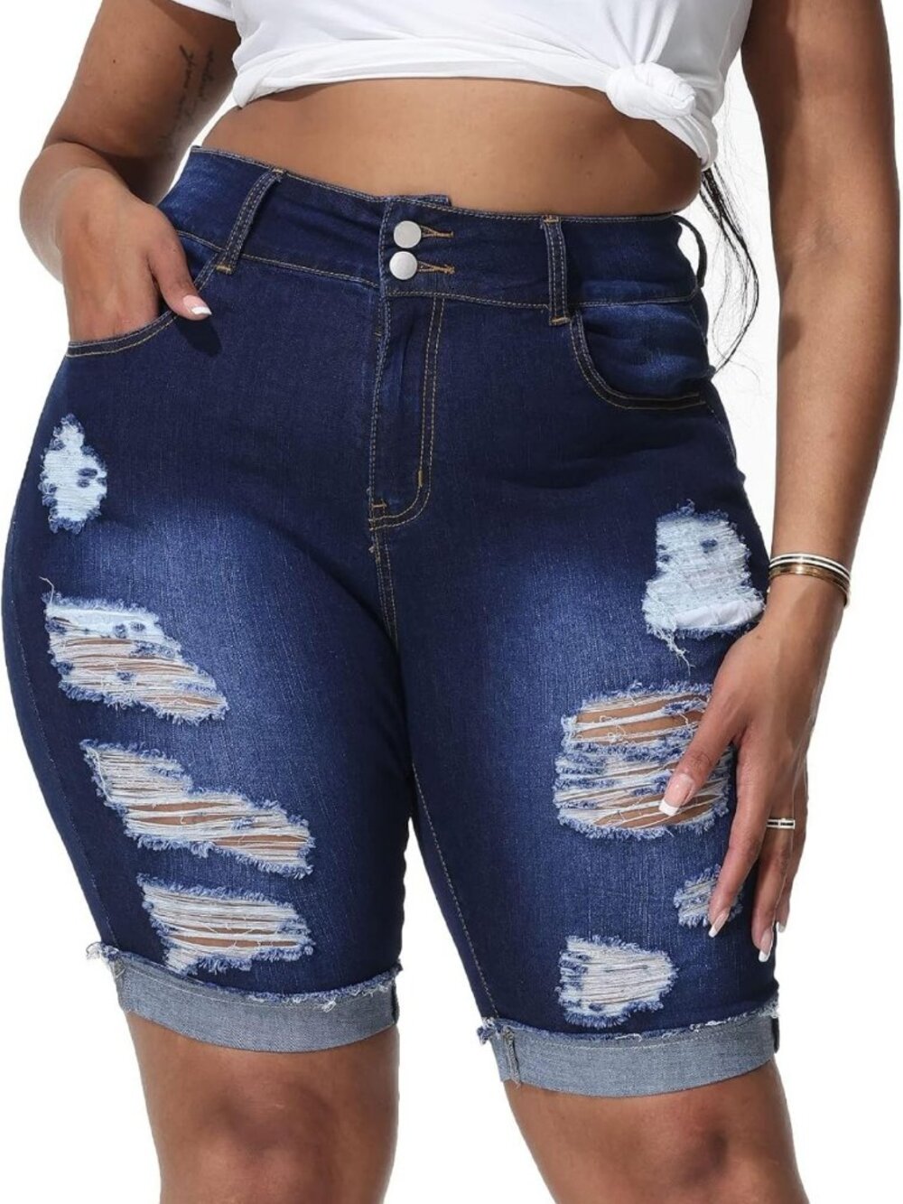 Plus Size High Waisted Ripped Denim Bermuda Shorts - Stretchy Jean Shorts 10